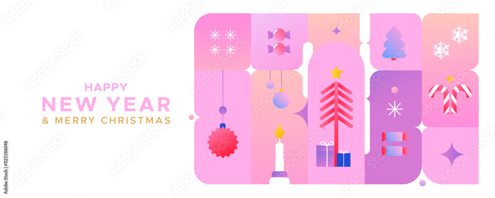 Minimalistic New Year banner with symbols of the new year. Bright greeting background for the New Year and Christmas. Minimalistic New Year banner with symbols of the new year. Bright greeting background for the New Year and Christmas.
