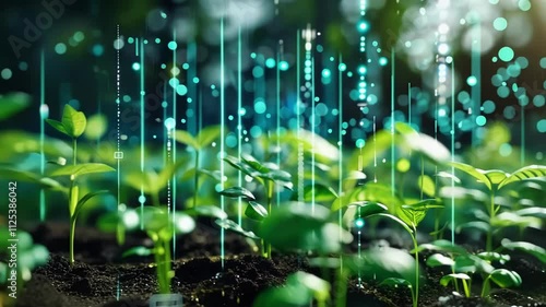 A smart irrigation system connected to 5G automatically adjusting water usage based on soil moisture levels and weather data keeping crops wellnourished and saving water resources. photo