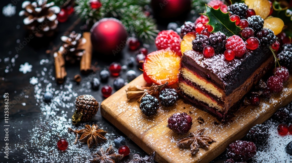 Delicious christmas cake display with berries festive table setting winter wonderland close-up Delicious christmas cake display with berries festive table setting winter wonderland close-up