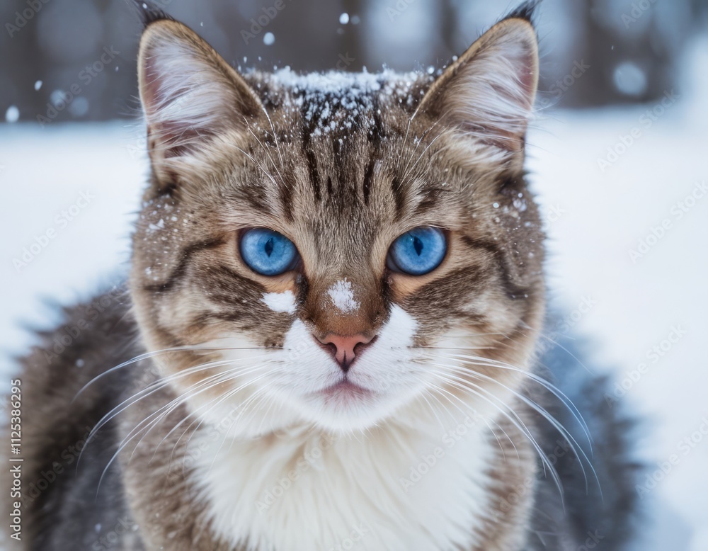 Adorable ginger cat with blue eyes lies on the white snow, surrounded by snowflakes. Winter scene highlighting the calm, warmth and beauty of nature Adorable ginger cat with blue eyes lies on the white snow, surrounded by snowflakes. Winter scene highlighting the calm, warmth and beauty of nature