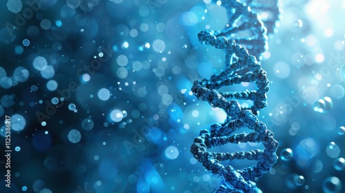Elegant blue DNA double helix spiral with radiant light bokeh and bubbles, creating a serene blue backdrop