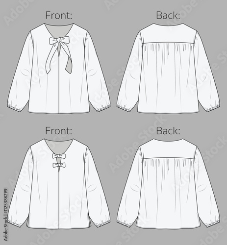 Woman V neck blouse with gathering detail fashion CAD, long balloon sleeved top with bow sketch, technical drawing, flat, template. Jersey or woven fabric blouse with front, back view, white color