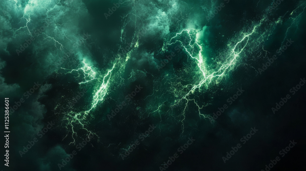 Realistic set of green lightnings isolated on black background. Vector illustration of scary thunderbolt strikes glowing at night. Symbol of magic power. Electric discharge sparks during thunderstorm Realistic set of green lightnings isolated on black background. Vector illustration of scary thunderbolt strikes glowing at night. Symbol of magic power. Electric discharge sparks during thunderstorm