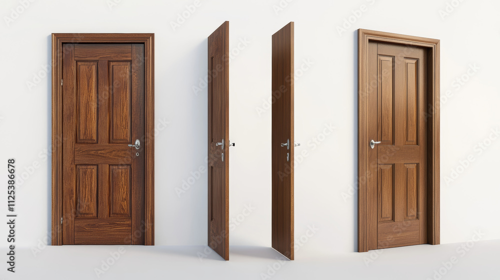 Closed, ajar and open wooden front door. Realistic 3d vector illustration set of sequence step of entrance opening. House or office interior element with light wood texture. Doorway with handle mockup Closed, ajar and open wooden front door. Realistic 3d vector illustration set of sequence step of entrance opening. House or office interior element with light wood texture. Doorway with handle mockup