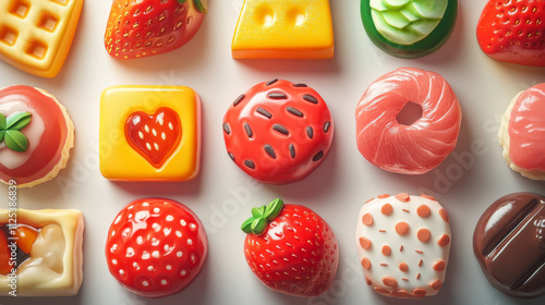 Game buttons with texture of food, strawberry, waffle, cheese and donut with pink glaze. Vector cartoon set of rectangular buttons from salmon, meat and tuna isolated on background