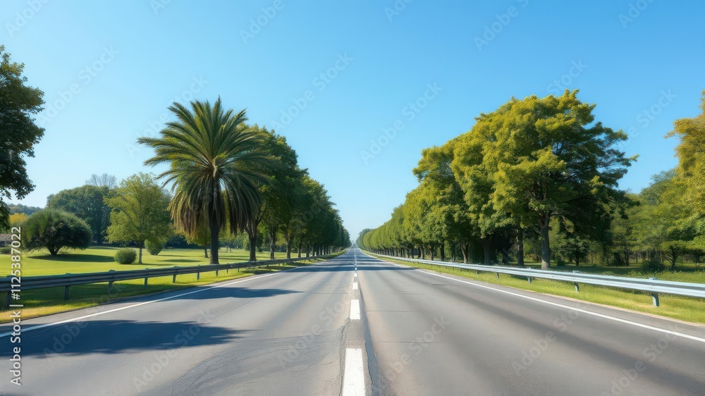 Empty highway asphalt road with lush green trees on the sides, under a clear blue sky in a beautiful landscape park, blue sky, clear Empty highway asphalt road with lush green trees on the sides, under a clear blue sky in a beautiful landscape park, blue sky, clear