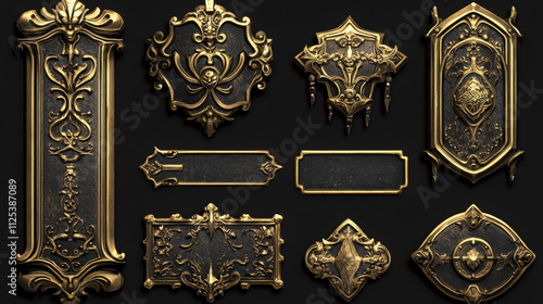 Medieval buttons, ui game menu elements, oblong banners and gold silver ornate rims. Empty royal gui bars for rpg or arcade, golden borders, web design interface Cartoon 3d vector illustration, set photo