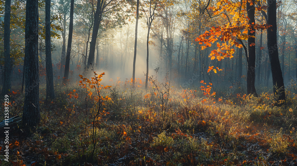 Obraz premium Misty dawn in an autumn forest with sunlight highlighting orange and yellow leaves