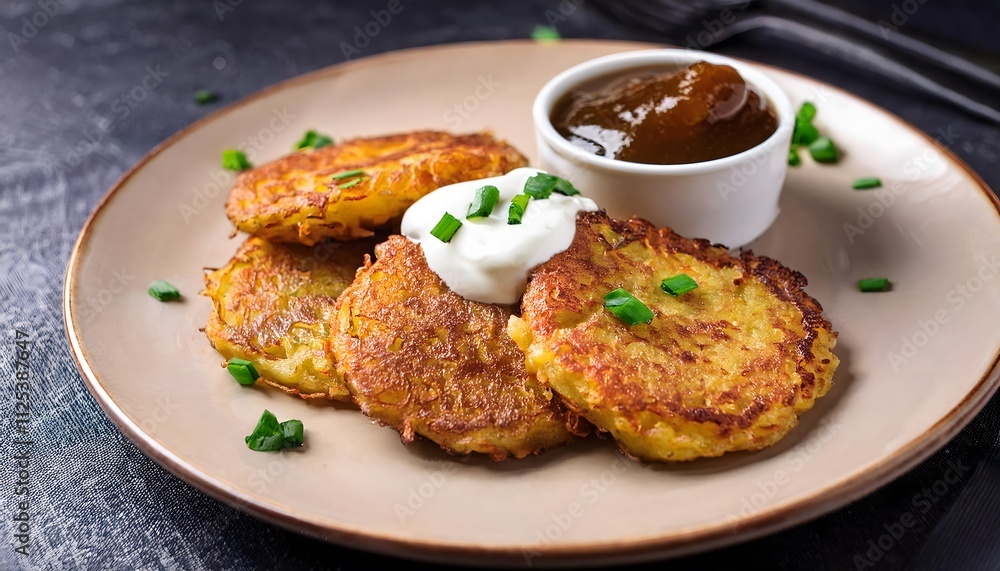 Crispy Polish potato pancakes served with sour cream and a side of applesauce Crispy Polish potato pancakes served with sour cream and a side of applesauce