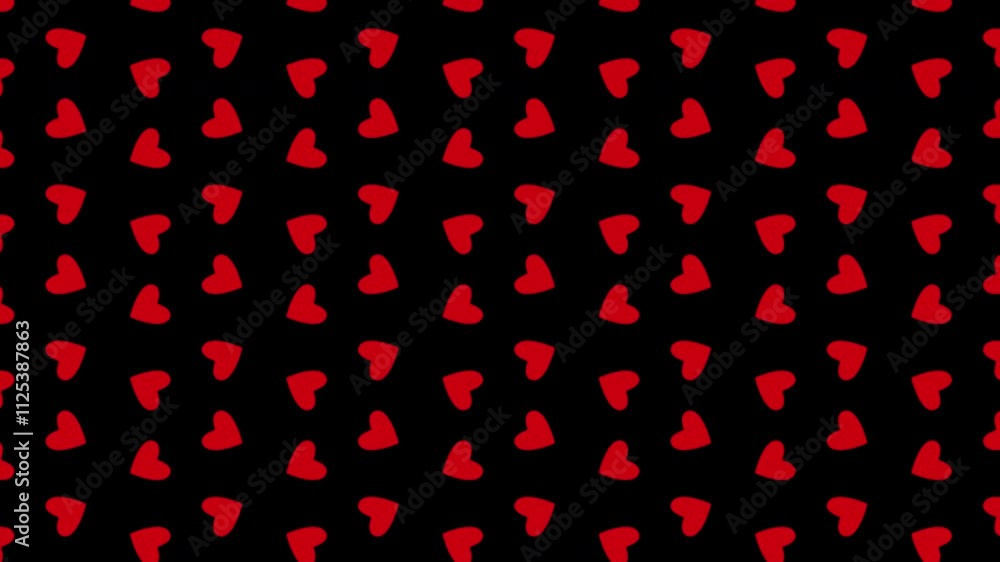 A pattern of red hearts is depicted on a transparent background, which rotate around their axis and fly up diagonally. A pattern of red hearts is depicted on a transparent background, which rotate around their axis and fly up diagonally.