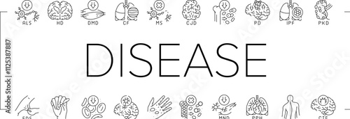incurable disease doctor patient icons set vector. cancer empathy, desk antibiotic, dermatology resistant, skin, bacteria medical incurable disease doctor patient black contour illustrations