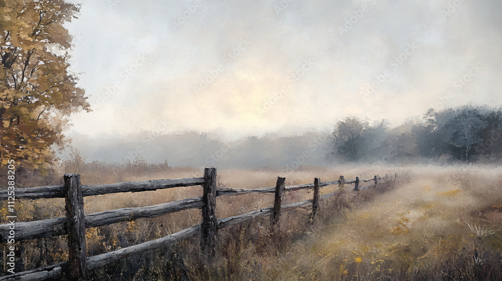 Obraz premium Misty fields bordered by a wooden fence under soft morning light.