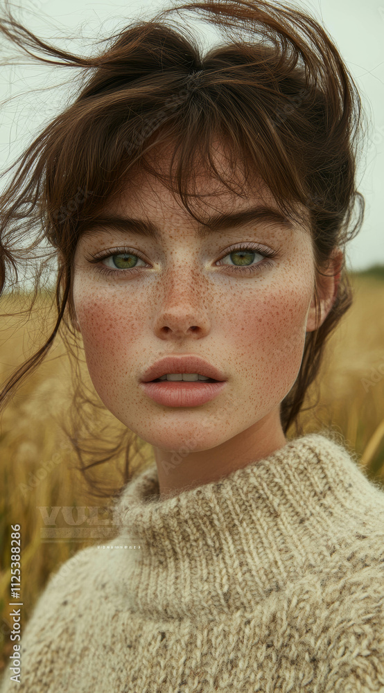 Portrait of a model with green eyes and freckles wearing a sweater in a field, fashion photography for magazine Portrait of a model with green eyes and freckles wearing a sweater in a field, fashion photography for magazine