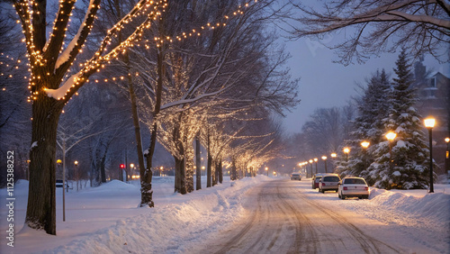 Snow-Covered Street at Night with Christmas Lights