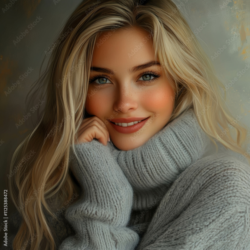 Portrait of a beautiful woman with blonde hair, wearing a grey sweater, smiling and looking at the camera Portrait of a beautiful woman with blonde hair, wearing a grey sweater, smiling and looking at the camera