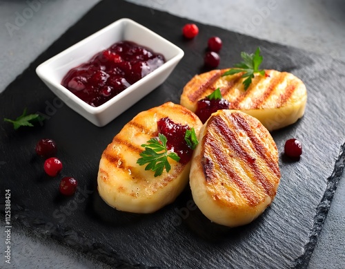 Grilled Polish oscypek cheese served with cranberry sauce on a slate plate. photo