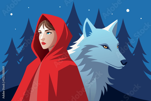 Red Riding Hood with Gray Wolf cartoon vector illustration