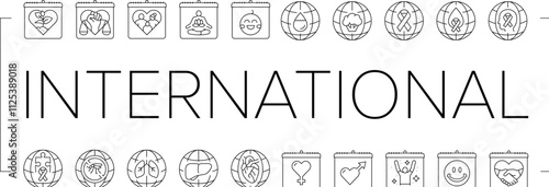 international day holidays icons set vector. family children, tolerance and yoga, water food, cancer diabetes, mental health international day holidays black contour illustrations