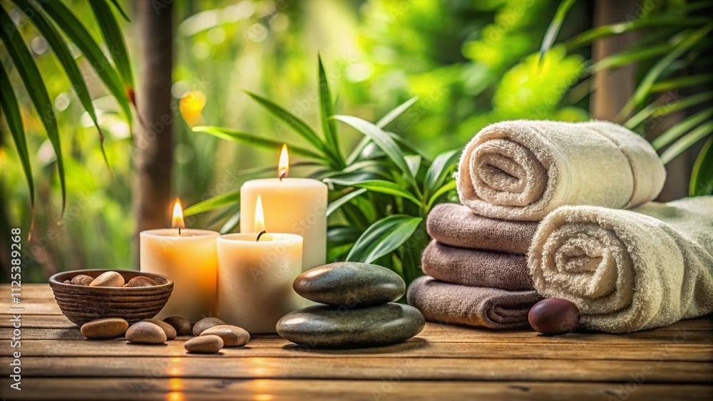 Spa Concept - Massage Stones With Towels And Candles In Natural Background
Spa Concept - Massage Stones With Towels And Candles In Natural Background