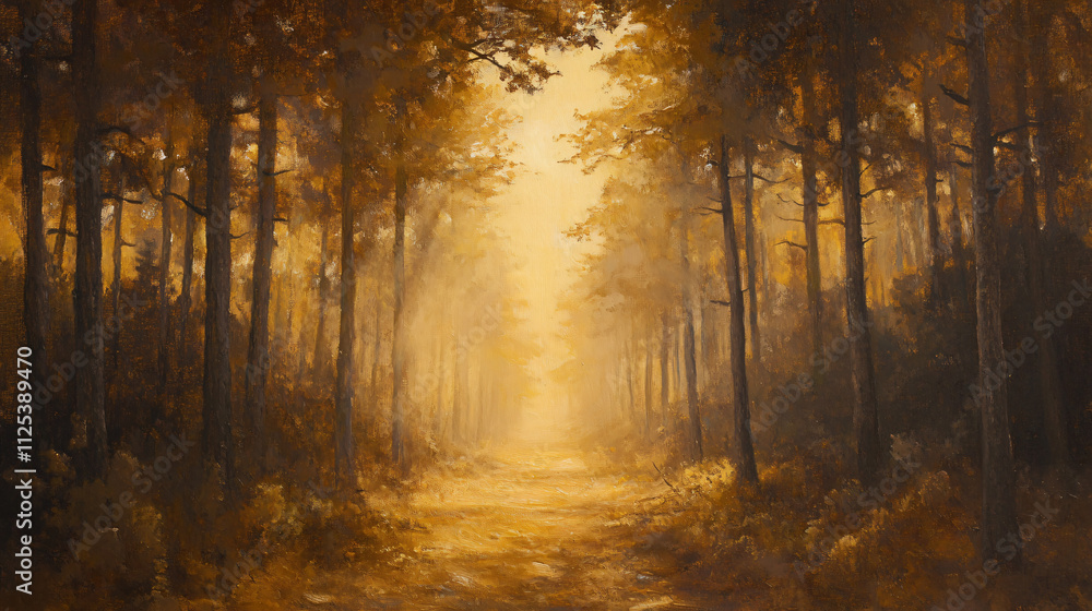 Obraz premium Misty forest at dawn with sun rays illuminating the autumn leaves in golden hues