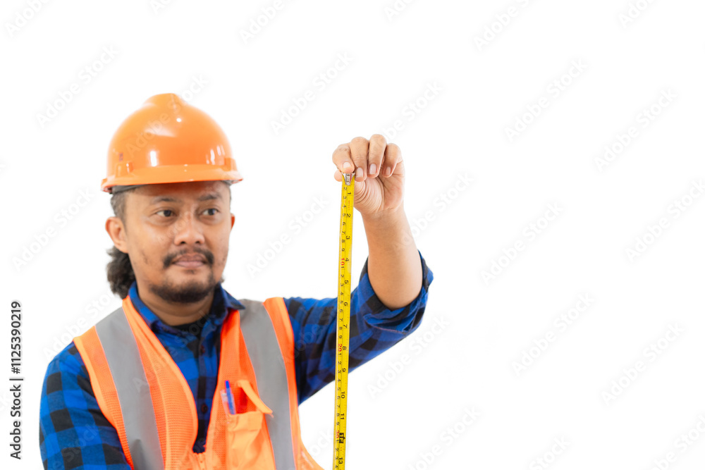 Indonesian male construction worker in full safety gear posing using tape measure, construction and industry concept, isolated on white background. Indonesian male construction worker in full safety gear posing using tape measure, construction and industry concept, isolated on white background.