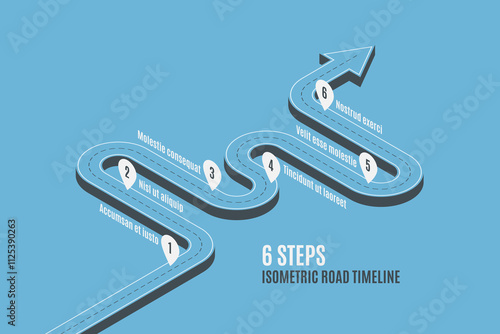 Isometric navigation map infographic 6 steps timeline concept.
