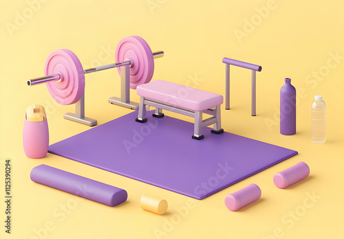 3D rendering of gym equipment in purple and yellow tones, including a bench press and yoga mat, designed for use in modern fitness branding or promotional visuals. photo