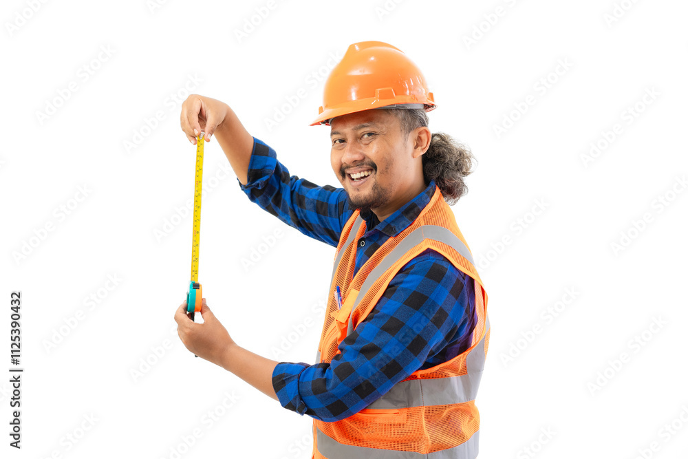 Indonesian male construction worker in full safety gear posing using tape measure, construction and industry concept, isolated on white background.