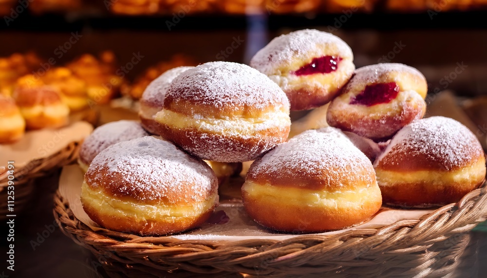 Polish doughnuts filled with rose jam and topped with powdered sugar on a bakery counter. Polish doughnuts filled with rose jam and topped with powdered sugar on a bakery counter.