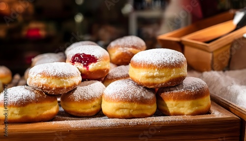 Polish dounuts filled with rose jam and topped with powdered sugar on a bakery counter. Traditional Polish Rose Jam Donuts for Fat Thursday