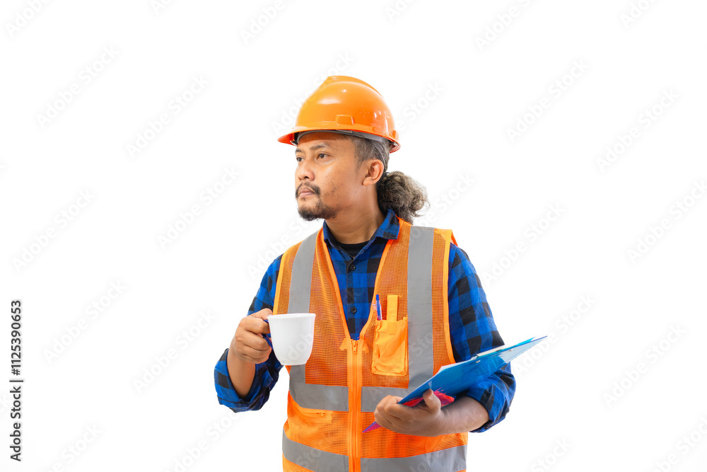 Fototapeta premium Indonesian male construction worker in full safety gear looking at report on clipboard while enjoying cup of coffee, construction and industry work concept, isolated on white background.