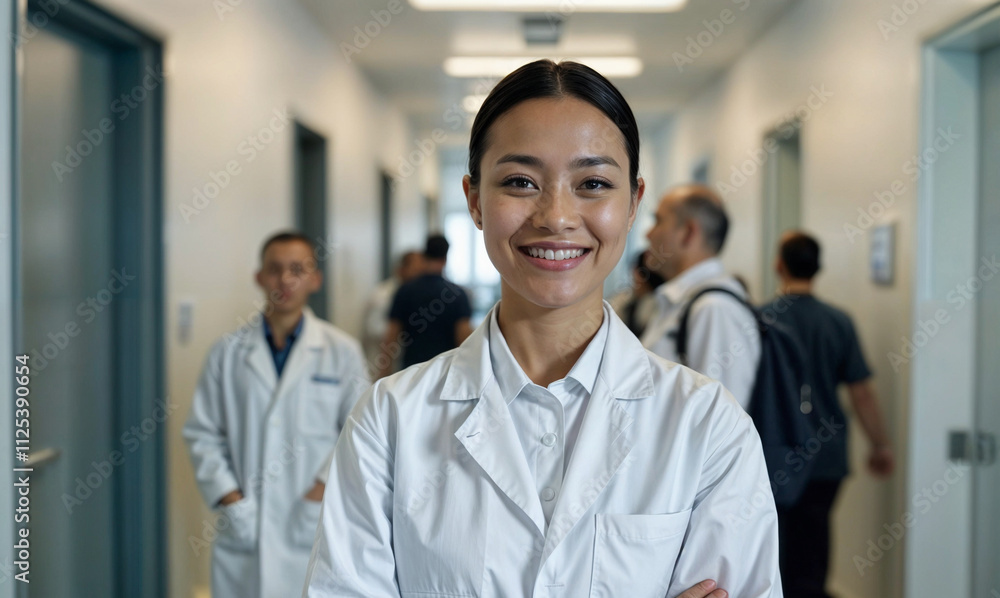 Fototapeta premium Portrait of smiling asian female doctor wearing white coat in hospital corridor