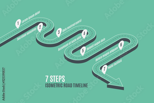 Isometric navigation map infographic 7 steps timeline concept.
