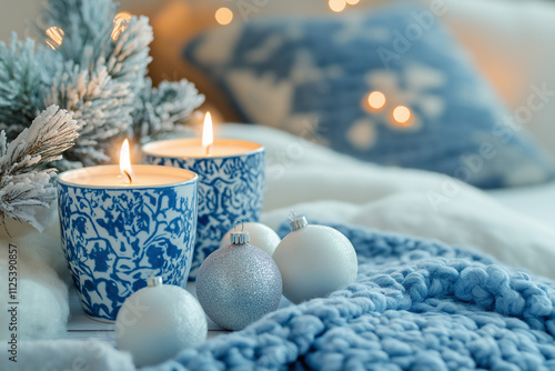 Cozy Hanukkah scene, close-up of menorah with candles burning, soft warm glow, traditional blue and white decor, peaceful and warm holiday atmosphere photo