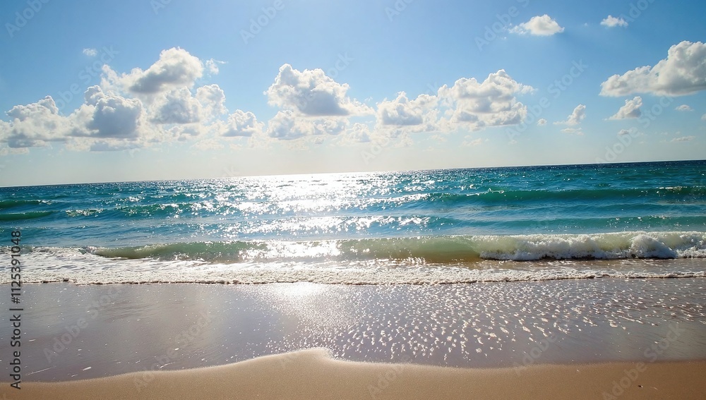 Serene Beach Landscape with Gentle Waves and Bright Cloudy Sky Surrounded by Tranquil Waters Serene Beach Landscape with Gentle Waves and Bright Cloudy Sky Surrounded by Tranquil Waters