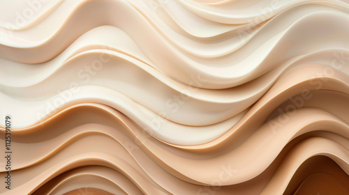 Abstract Mocha Mousse waves featuring smooth, organic shapes in soft tones of beige, light brown, and deep mocha, creating a calming and harmonious visual experience. Sense of tranquility and warmth