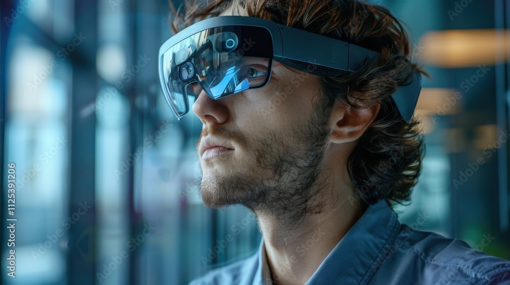 Young adult in a modern office setting, using an advanced AR application with a headset for business tasks Young adult in a modern office setting, using an advanced AR application with a headset for business tasks
