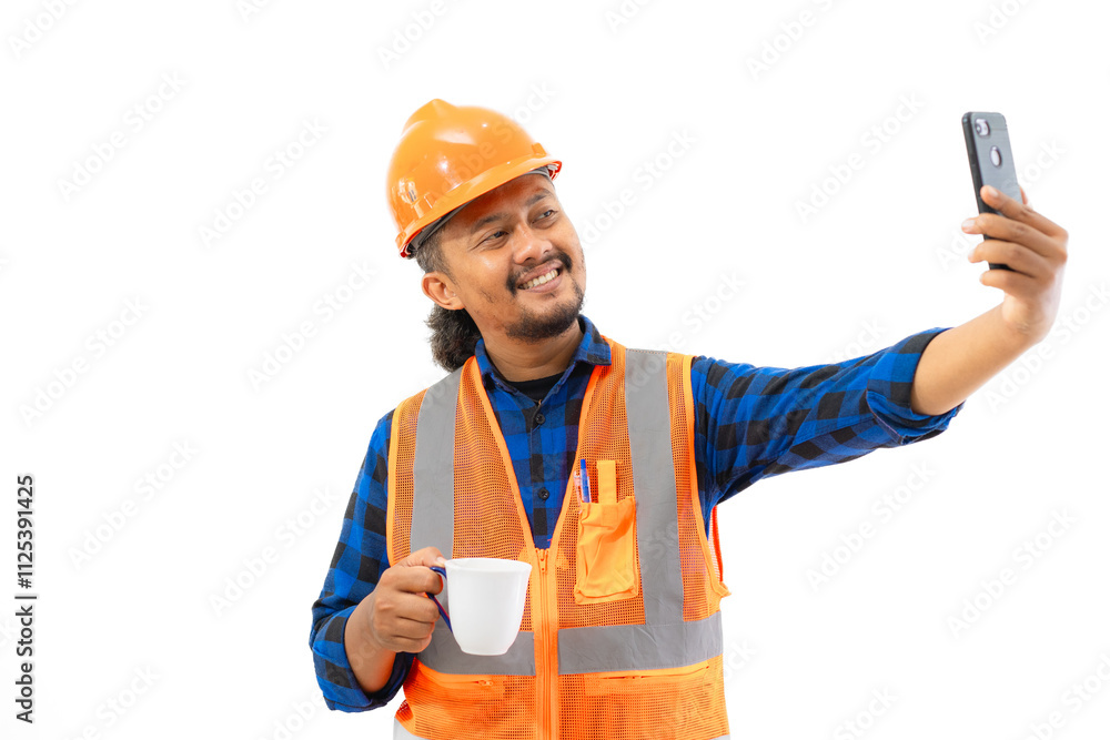 Indonesian male construction worker in full safety gear making voice call while enjoying a cup of coffee while working, construction and industrial work concept, isolated on white background. Indonesian male construction worker in full safety gear making voice call while enjoying a cup of coffee while working, construction and industrial work concept, isolated on white background.