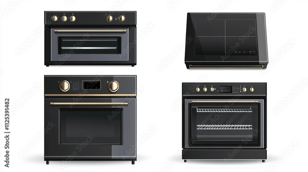 Electric stove, induction cooking panel with oven front and top view. Vector realistic set of kitchen cooker with closed and open oven door, black ceramic stovetop isolated on white background Electric stove, induction cooking panel with oven front and top view. Vector realistic set of kitchen cooker with closed and open oven door, black ceramic stovetop isolated on white background