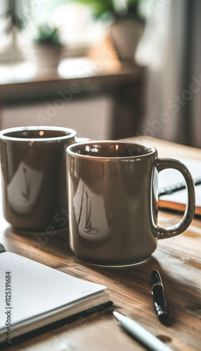 Mocha Mousse Coffee Mugs on Stylish Office Desk with Notebooks and Pens for Workplace Inspiration photo