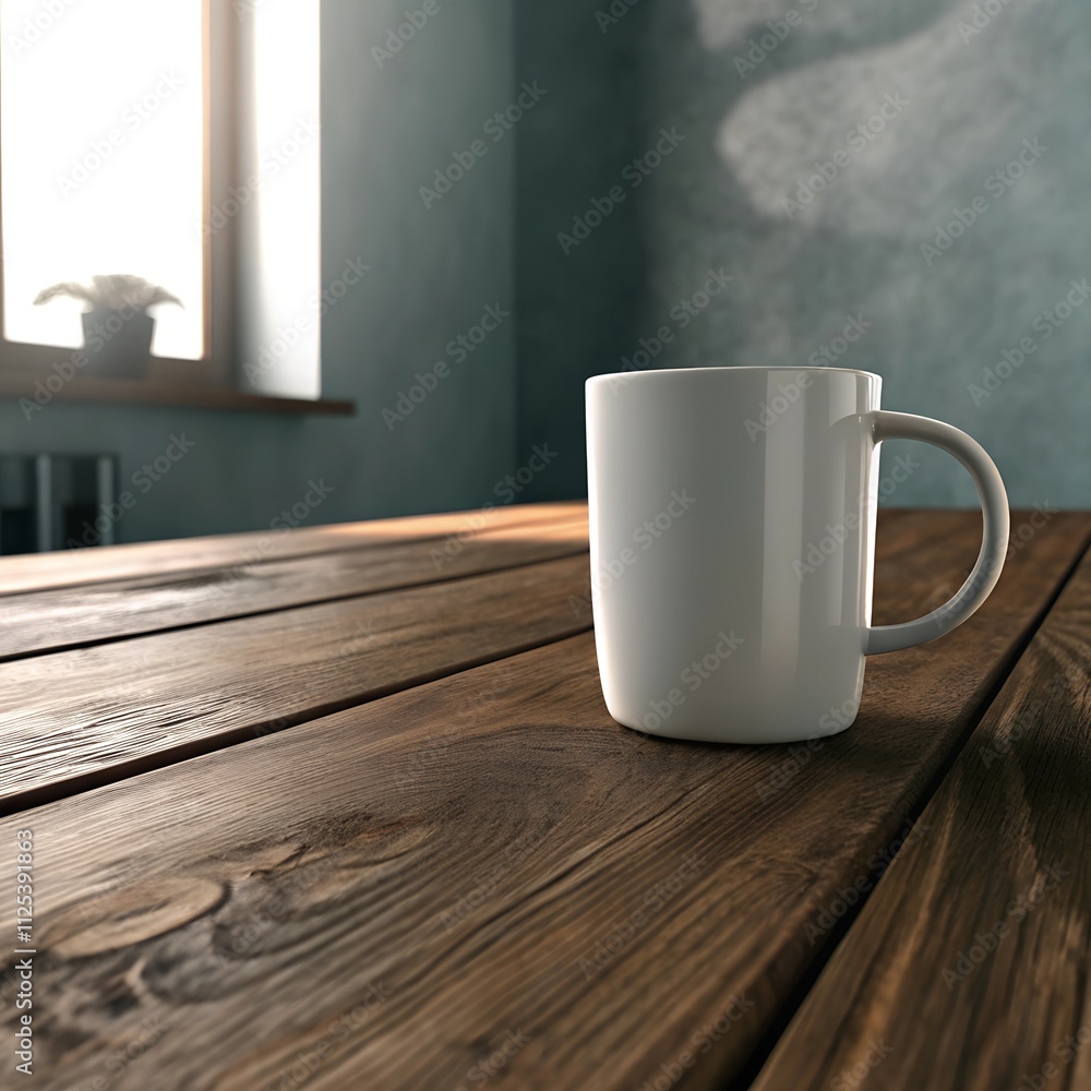White coffee mug on rustic wooden table with soft light and industrial background White coffee mug on rustic wooden table with soft light and industrial background