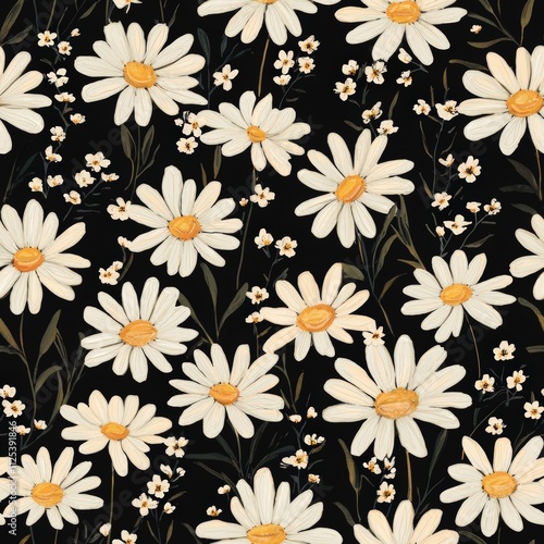 Daisies flowers plants floral blooming botanical seamless pattern ornament design, tile