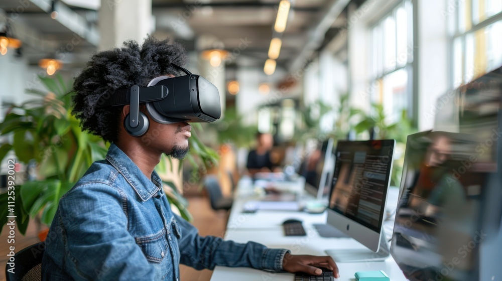 Young adult in a modern office setting, using an advanced AR application with a headset for business tasks Young adult in a modern office setting, using an advanced AR application with a headset for business tasks