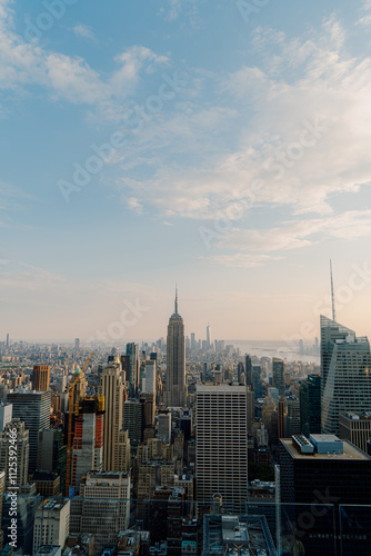A breathtaking aerial view of New York City during a beautiful sunset time
