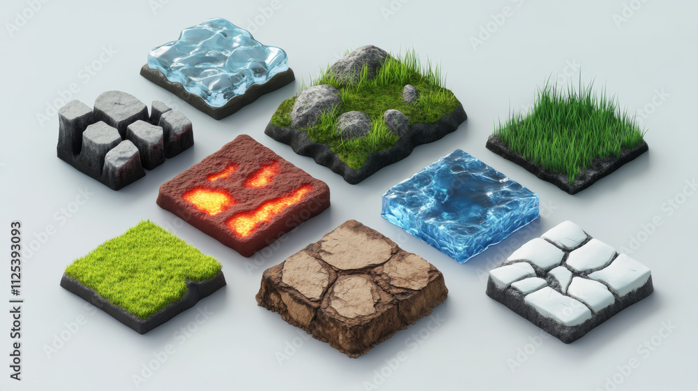 Set of isometric game texture, 3d square icons frozen ice, grass, lava, dry ground and water samples for computer or mobile gui interface design. Fantasy world creation Cartoon vector illustration Set of isometric game texture, 3d square icons frozen ice, grass, lava, dry ground and water samples for computer or mobile gui interface design. Fantasy world creation Cartoon vector illustration