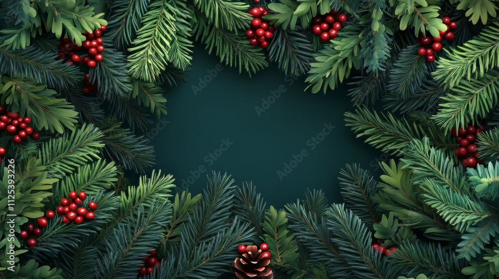 Christmas frame made of fir branches, red berries. christmas wallpaper. flat lay, top view, copy space. christmas wallpaper. Ultra realistic. Photorealistic Christmas frame made of fir branches, red berries. christmas wallpaper. flat lay, top view, copy space. christmas wallpaper. Ultra realistic. Photorealistic