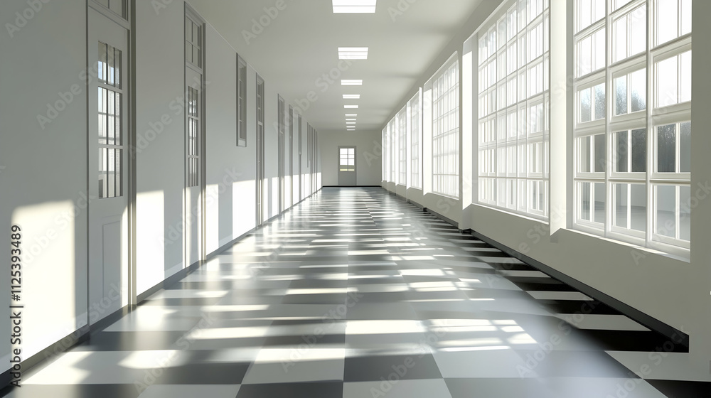 An empty school corridor with a checkered floor and sunlight streaming through the windows An empty school corridor with a checkered floor and sunlight streaming through the windows