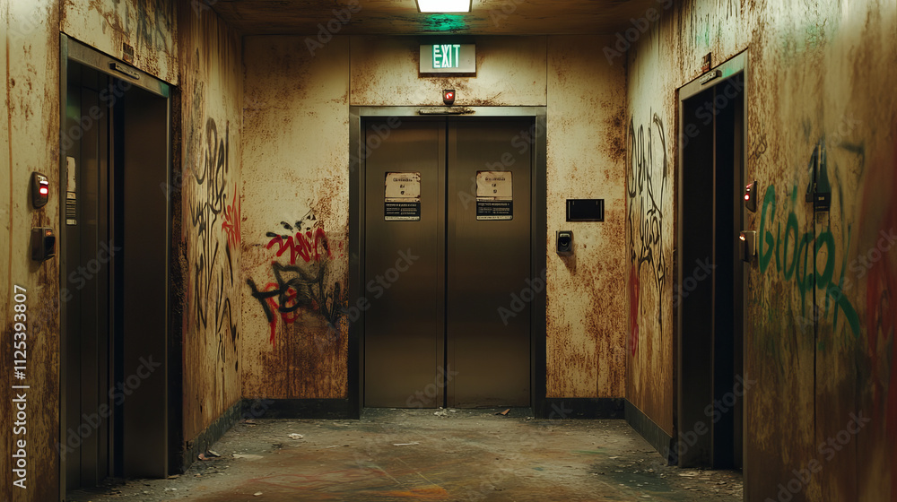 Old dirty hallway with open and closed elevator doors at night. Vector cartoon illustration of empty dark lobby with broken lifts and graffiti on wall. Messy hall interior in house in ghetto area Old dirty hallway with open and closed elevator doors at night. Vector cartoon illustration of empty dark lobby with broken lifts and graffiti on wall. Messy hall interior in house in ghetto area