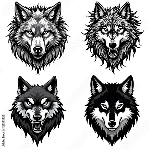 Black and white wolf face mascot logo vector illustration set photo