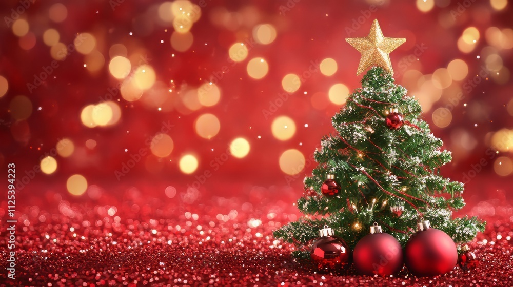 Christmas tree with star on top and red glitter background. christmas wallpaper. Ultra realistic. Photorealistic Christmas tree with star on top and red glitter background. christmas wallpaper. Ultra realistic. Photorealistic